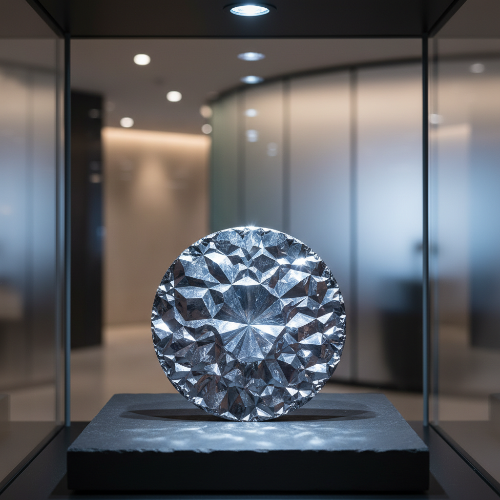 A single crystalline osmium disk, featuring an intricate, gem-like surface that gleams with silver-blue hues, sits precisely centered atop a smooth, dark slate pedestal in a high-end corporate display case. Subtle track lighting above casts focused illumination, producing sharp highlight accents that emphasize the unique crystalline structure and create a dramatic interplay of light and shadow. The surrounding environment is minimalist and orderly, with blurred, softly-lit glass panels in the backdrop. Captured in close-up from eye level with shallow depth of field, the mood is sophisticated and exclusive, underscoring the rarity and allure of osmium in a clean, modern photographic style.