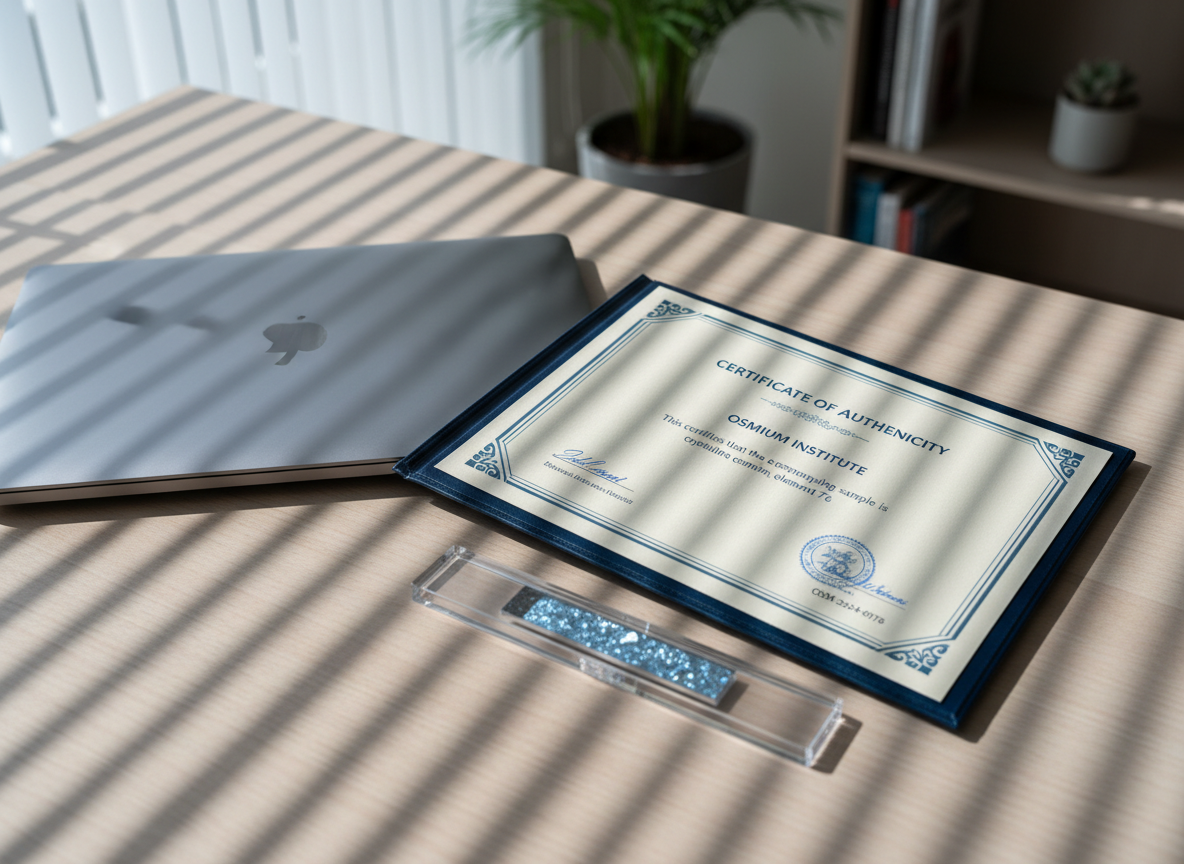 An elegantly organized workspace featuring a brushed steel laptop beside an open certification folder displaying an authentic osmium certificate, with a slim, rectangular crystalline osmium sample set in a protective case nearby. The desk is made from light ash wood, accentuating an uncluttered, professional environment. Cool midday natural light filters through sheer blinds, creating linear highlights and gentle shadows across the surfaces. Shot from a three-quarter overhead angle, the composition utilizes balance and clarity to evoke transparency, security, and trust, aligning with the website’s educational and informative mission. The image style is crisp photographic realism with neutral, corporate sophistication.